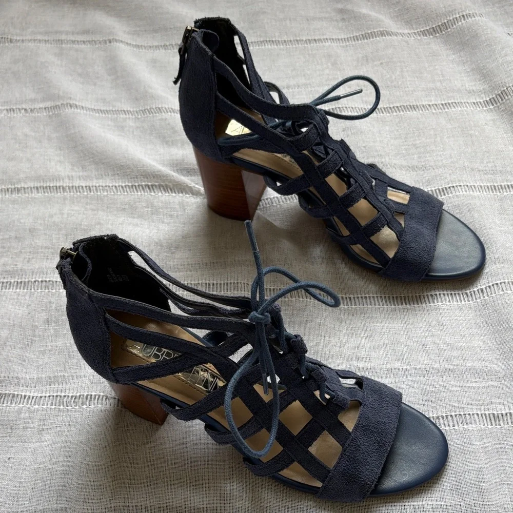 Aubrey Lynn blue suede gladiator-style heels with a tie and zip closure